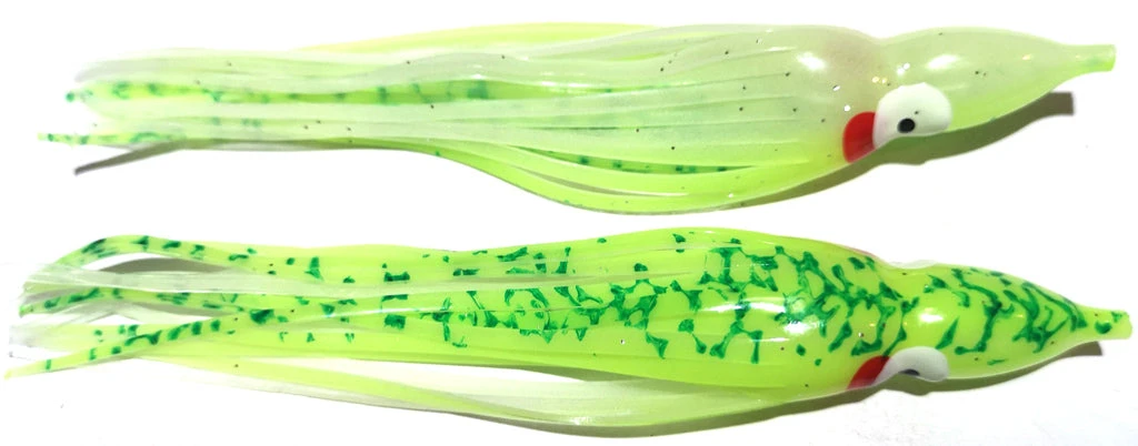 Hoochies NORTH PACIFIC OCTOPUS 4-1/4" OG140R (Glo Green Splatter Back) 2 Hoochies NORTH PACIFIC OCTOPUS 4-1/4" OG140R (Glo Green Splatter Back)